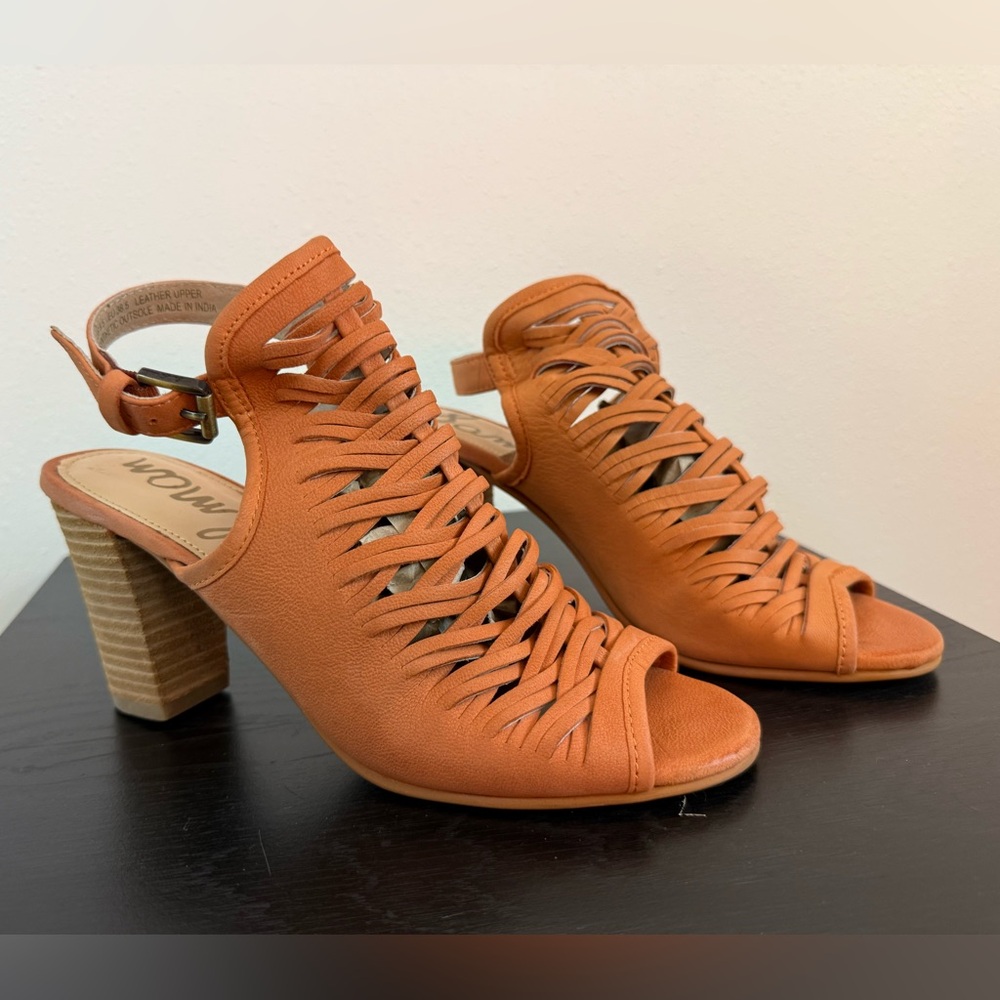 Sam Edelman Woven Leather Block Heel Sandals Cognac Ankle Strap Size 8
